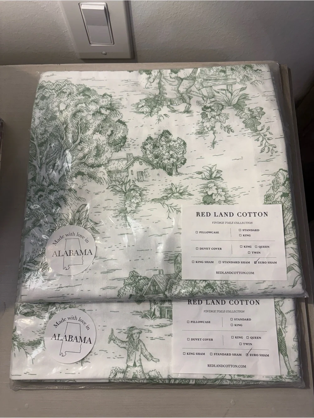 Red Land Cotton Green Toile Cotton Euro Sham (set of 2)